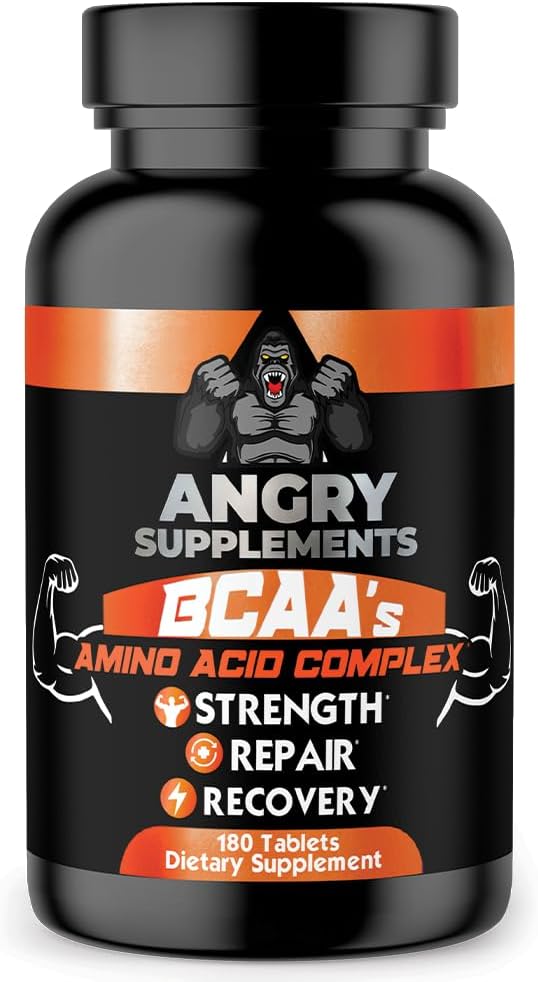Angry Supplements BCAA Amino Acid Complex Tablets for Workout Recovery, Strength, Repair with L-Leucine, L-Isoleucine, L-Valine, Vitamin B6, and Vitamin E, (1-Bottle 180ct)