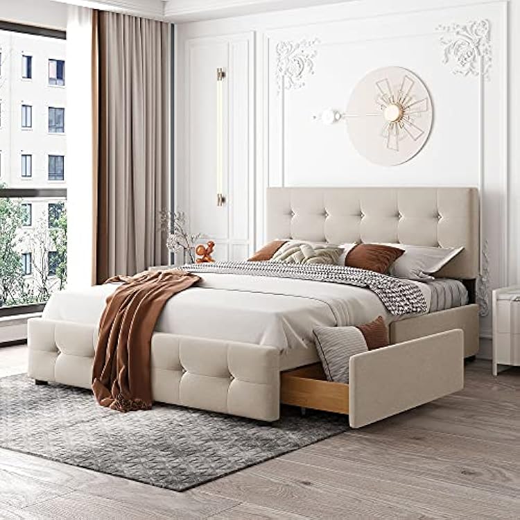 Upholstered Platform Bed with Classic Headboard and 4 Drawers, No Box Spring Needed, Linen Fabric,Queen Size,Beige