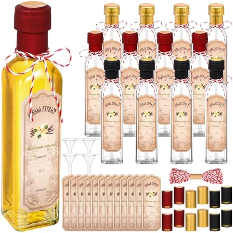 Tioncy 12 Pcs Vanilla Extract Bottles for Homemade Vanilla Jar Glass Square Bottle with Cap Shrink Band Sticker Syrup Food Storage Canister for Liquids Bean Sauce Spice Gift Giving Mixing,8.5 oz