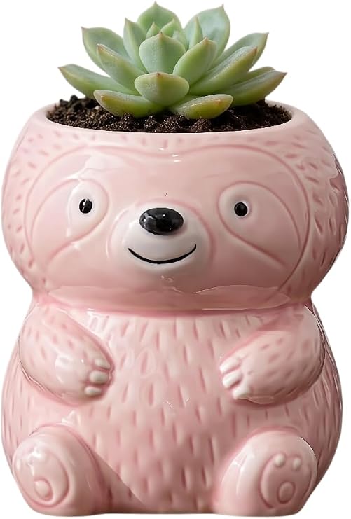 Cute Sloth Shaped Ceramic Succulent Planter with Drainage Holes, Hand - Painted Animal Pot for Indoor Cactus & Succulents, Unique Home Decor & Gift,Red