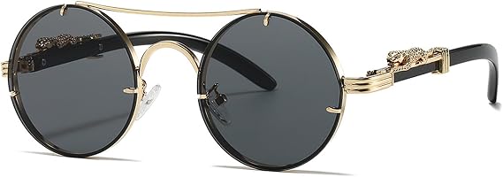Vintage Round Sunglasses Gold Leopard Fashion Double Bridge Punk Shades for Men Women