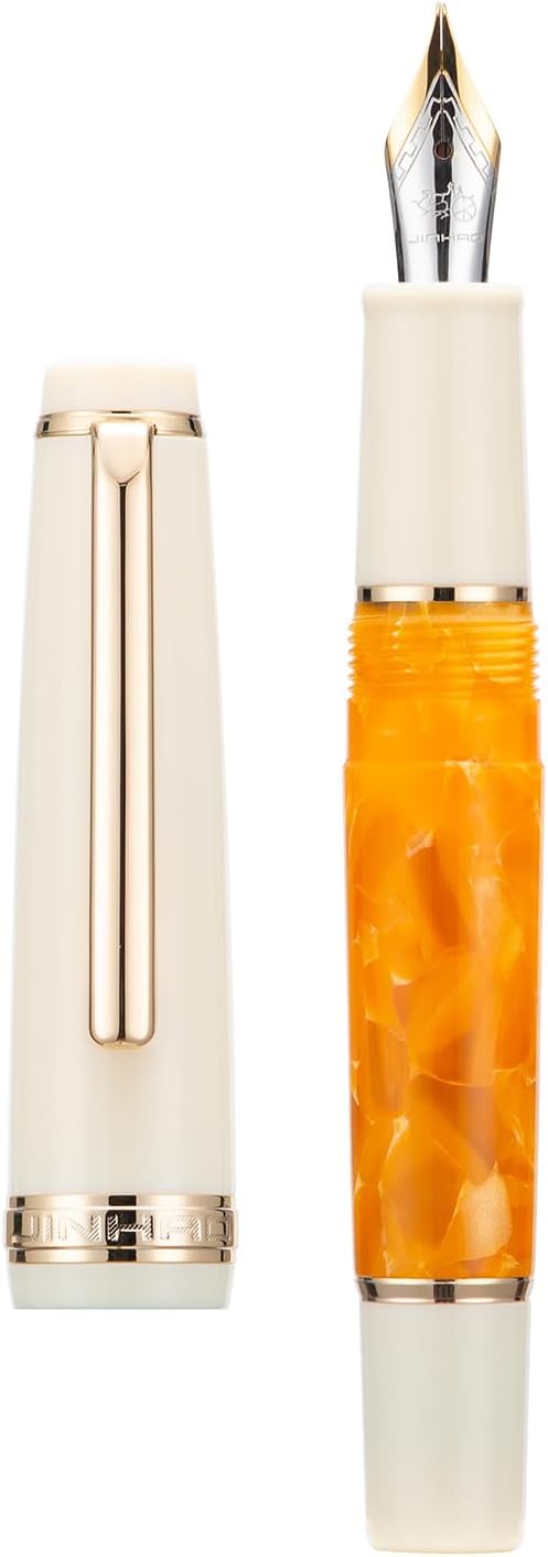 Jinhao 82 Mini Acrylic Fountain Pen, Iridium Bent Nib with Ink Converter, Gold Stone Short Pocket Mini Travel Pen (Gold Trim)