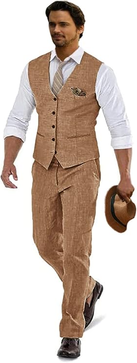 Furuyal Linen Suit for Men 2 Piece Wedding Suits Grooms Vest and Pants Set