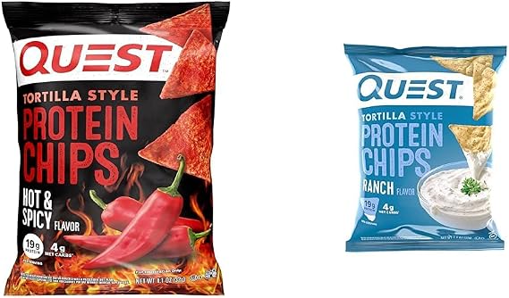 Quest Nutrition Tortilla Style Protein Chips, Hot & Spicy & Tortilla Style Protein Chips, Ranch, Baked, 19g Protein, 4g Net Carb, Low Carb, Gluten Free, 1.1 Ounce (Pack of 12)