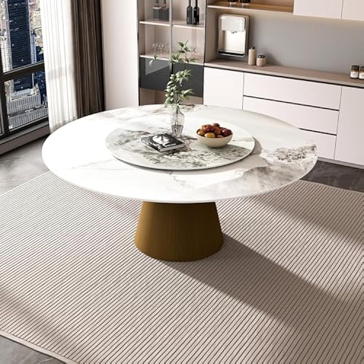 59 Round Dining Table with Lazy Susan, Modern Sintered Stone Table with Stainless Steel Bronzed Base, Round Dining Room Table for 6-8 People, Marble Dining Table for Kitchen Table Only