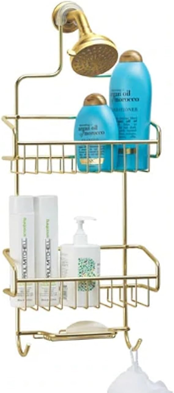 Better Houseware Over the Shower Head Caddy, Rustproof Shower Head Organizer with Hooks & Shelves, Hanging Shower Caddy for Shampoo, Conditioner & Soap, Aluminum Bathroom Rack, Gold