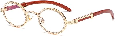 Sparkling Round Crystal Wood Frame Oval Frame Bling Rhinestone Reading Glasses For Women Men Blue Light Blocking Reader