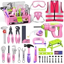 Pink Kids Tool Set for Girls-Toddler Tool Set with Electronic Toy Drill & Tool Box, STEM Pretend Play Construction Toys with Costume Vest, Educational Gifts for Age 3 4 5 6 7 Year Old