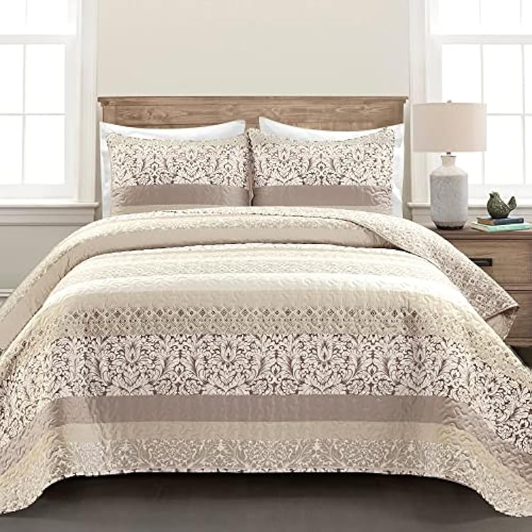 Lush Decor Boho Stripe Reversible Cotton Quilt 3-Piece Set, Full Queen, Neutral - Bold Colorful Bohemian Bedding Set