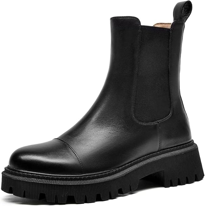 BEAU TODAY Chelsea Boots for Women, Chunky Platform Leather Chelsea Boots Womens Ankle Boots Round Toe Fall Winter Dress Lug Sole Booties Black Size 6