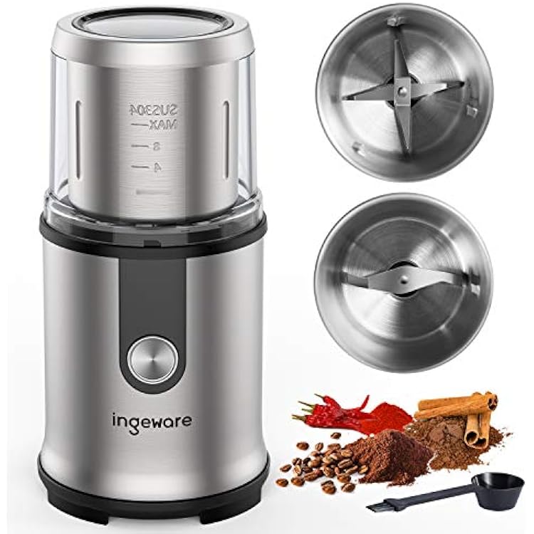 Coffee Grinder Electric, 300W Spice Grinder Electric, Espresso Grinder, 2 Removable Bowls with Stainless Steel Blades, Multi-Functional Noiseless Grinder - 12 Cups Capacity