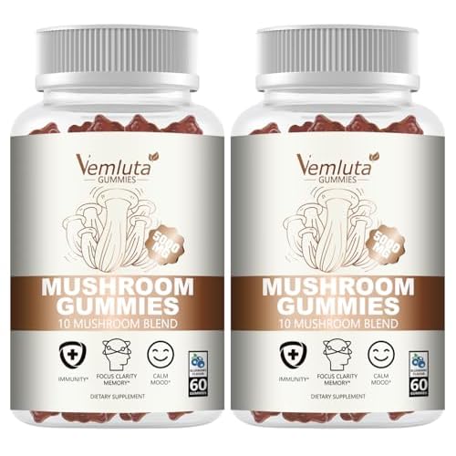 2 Packs 5000MG Mushroom Gummies -10 Blend Organic Mushroom Supplement containing Lions Mane and Reishi for Brain and Immune Boosting, Vegan Blueberry Flavor, Non-GMO, 120 Counts