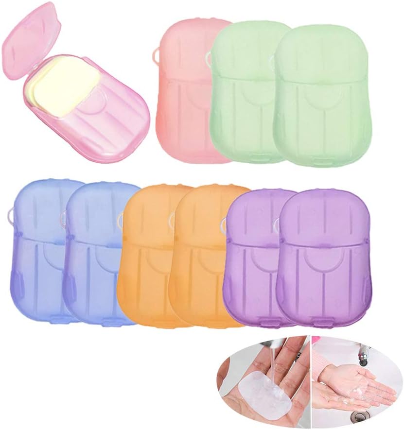 10 Pack Portable Disposal Paper Soap Sheets Disposable Film Foaming Paper Soap for Travel Outdoor Washing Hand Toiletry Bath Use with Slide Storage Box,Random Colors