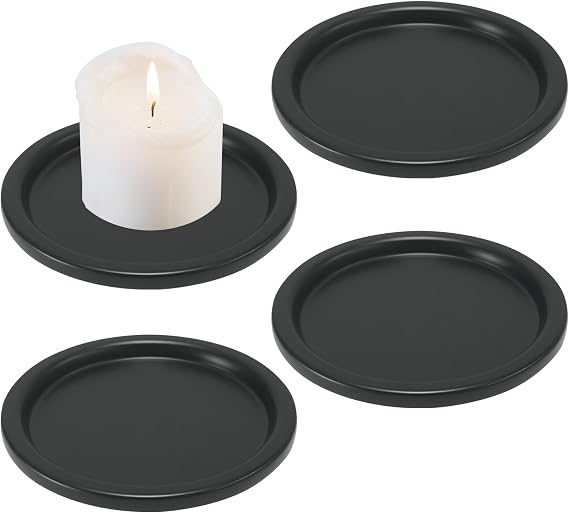 Black Iron Plate Candle Holder-Candle Plate for Pillar Candles, Elegant Decorative Candle Stand for LED & Wax Candles, Incense Cones, Spa, Weddings (4 pcs) 3.8" D x 0.2" H