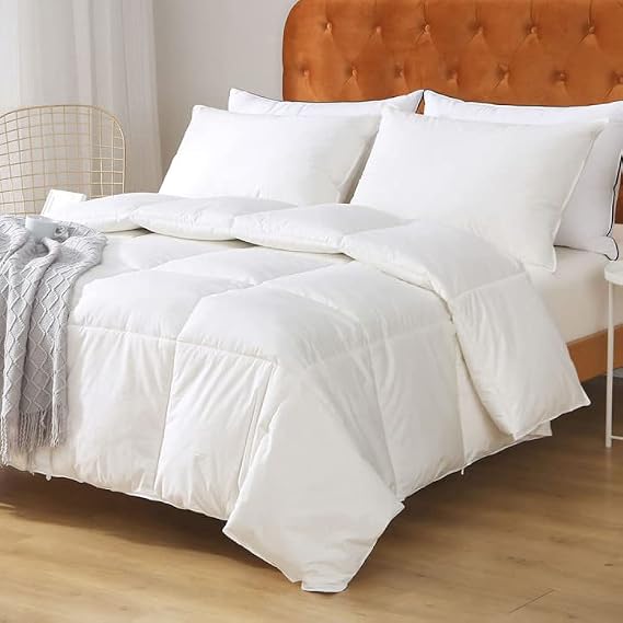Oversized King Feathers Down Comforter,All-Season Duvet Insert | 100% Organic Cotton Cover,Machine Washable Hotel Quilt,White Bed Blanket,OEKO-TEX Certified,Box-stitch Prevents Shifting