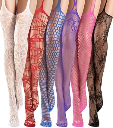 Geyoga 6 Pairs Women Fishnet Thigh High Stockings Suspender Pantyhose Lingerie Garter Belts Tights for Women Girl