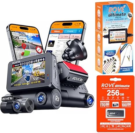 ROVE R3 Dash Cam Bundle with Hardwire Kit and 256GB Micro SD Card