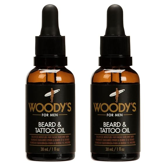 Woody's Tattoo & Beard Oil for Men - Hydrating & Conditioning Mens Beard Oi for Mustache Facial Hair & Tattoo Enhancement, 1 fl oz, 2 Pack
