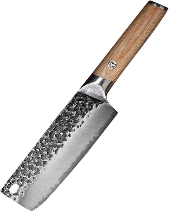MITSUMOTO SAKARI 7-Inch Japanese Nakiri Knife, SKD-11 Steel | Wide 2mm Nakiri blade for vegetable push cuts, 3-layer SKD-11 steel, textured finish, pakkawood handle