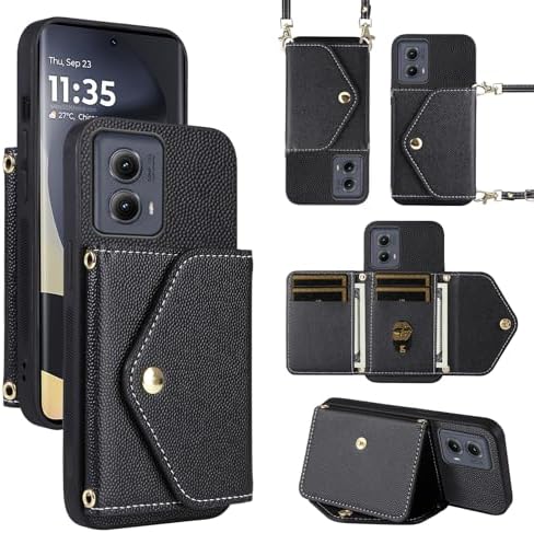 Minimalist Wallet Case for Motorola Edge 5G 2024 with Shoulder Strap, 6 Card Slots Thin Slim Flip Purse PU Leather Credit Card Holder Stand Accessories Cell Phone Cover for Moto Edge2024