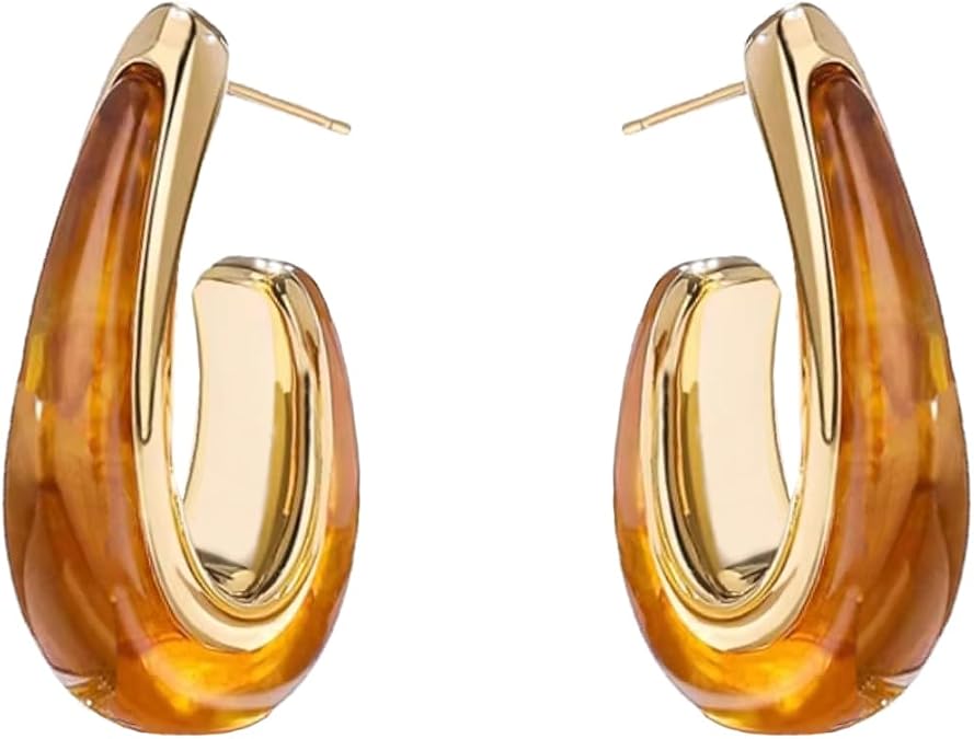 Acrylic Open Hoop Earrings for Women Trendy, Huggie Dainty Teardrop Vintage Brown Chunky Gold Earrings Bohemian Jewelry Gifts