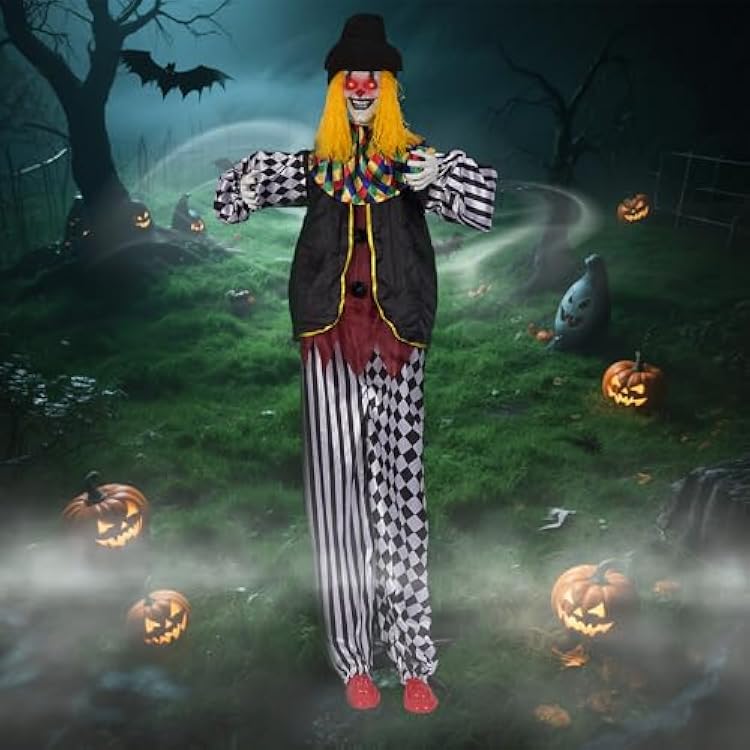 Halloween Animatronic 7.4ft Scary Talking ClownSound Activated Creepy Clown Fright Props, Glowing Eyes & Scary VoiceIndoorOutdoor Halloween Decor for Yard, Haunted House, Party