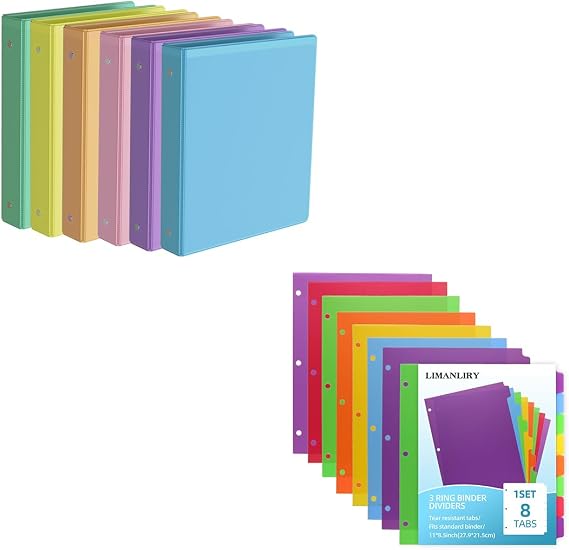 6 Pack1 inch Binders & 6 Sets 8Tab Plastic Dividers