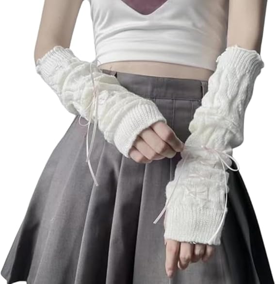 POHADON Women Cute Knitted Arm Warmers Lace Up Bow Fingerless Gloves Harajuku Fashion Arm Sleeve Lolita Y2k Accessories