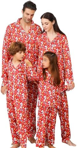 ANGELGGH Silk Christmas Pajamas for Family Matching Satin Holiday PJs Sets 2 Pcs Festival Party Button Down Sleepwear Women, L, Silk Red Snowman