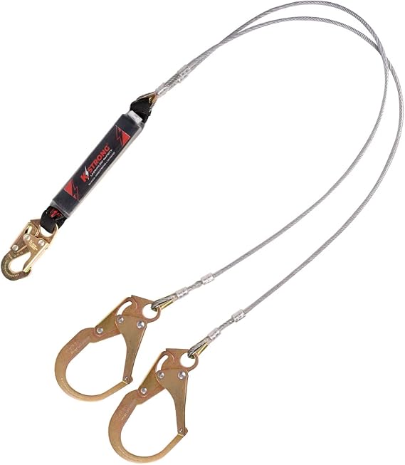 UFL201622 Leading Edge (LE) Rated Twin Leg 100% Tie-Off Shock Absorbing Lanyard Steel Wire Rope with Energy Absorber, 1 Steel Snap Hook and 2 Steel Rebar Hooks, ANSI, 6-Ft, Black/Red