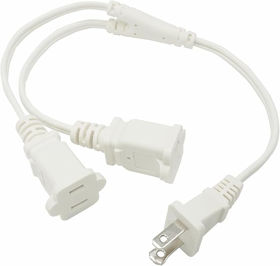 1.5 FT 2 Outlet Power Splitter Cord, White 18 AWG Wire Extension Cords