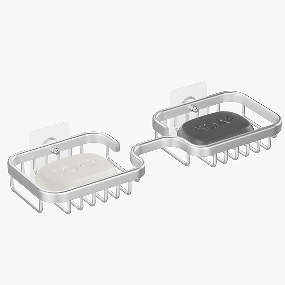 2 Soap Dishes Holder Shower Soap Bar Holder for Shower Wall, Soap Holder for Bathroom, Rustproof Aluminum Sponge Holder for Kitchen,Square (Silver) 1 Pack