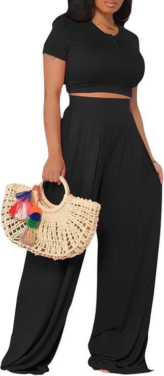 TodTan Two Piece Sets for Women Summer Crop Top Wide Leg Pants Jumpsuits | Short Sleeve, Casual, Vacation 2 Piece Outfits