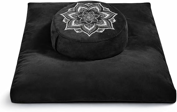 Meditation Cushion Set with Washable Velvet Cover,Buckwheat Hull &amp; Memory Foam Floor Seat for Adults and Children, Ideal for Yoga, Sitting, Reading and Floor Seating,Luxury &amp; Supportive (Black)