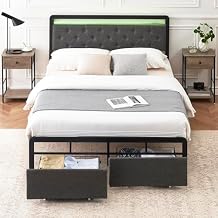 coucheta Queen Size Bed Frame with 2 Storage Drawers, LED Queen Platform Upholstered Bed Frame with Headboard, Mattress Foundation with Steel Slats Support, No Box Spring Needed