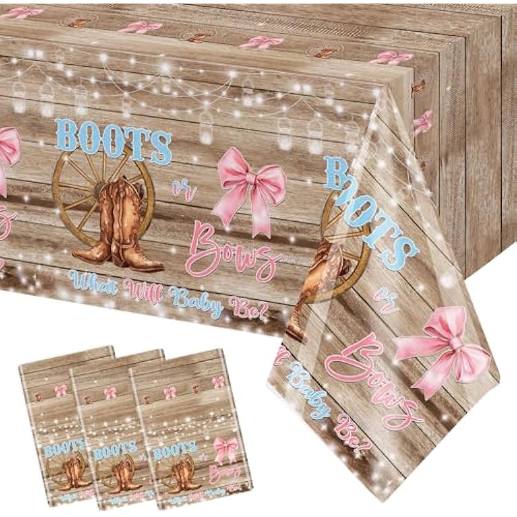 MEHOFOND 3 Pack Boots or Bows Gender Reveal Tablecloth, Pink or Blue Disposable Plastic Table Cover 54x108 Inch, Western Rustic Wood Cowgirl Cowboy Gender Reveal Party Supplies