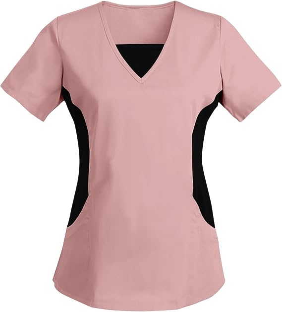 Women Short Sleeve Scrub Tops Casual Color Block V Neck Uniform Shirts Nurse T Shirt Top Lightweight Tunic Blouse