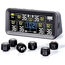 RV Tire Pressure Monitoring System with 4 inch LCD Display, 6-Wheel Real Time TPMS for Cars, SUVs & Trucks (0-9.9BAR, 0-144PSI, 1.5PSI, Solar/USB Charging)