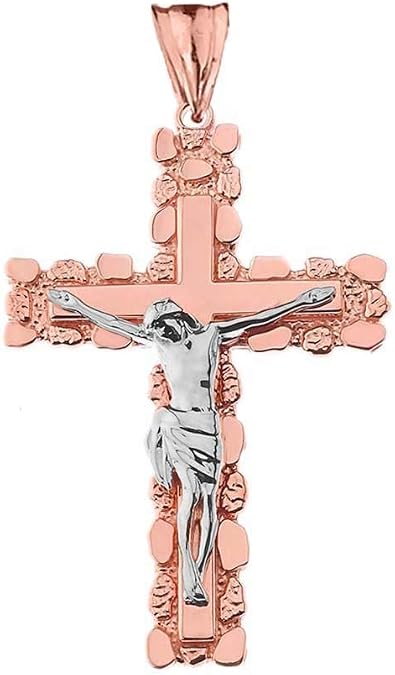 Fine 14k Two-Tone Rose Gold Nugget Crucifix Cross Pendant (2.6")