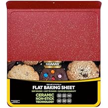 casaWare Large Flat Baking Cookie Sheet, 12.5 x 14-inch with a 1.5-inch Handle, Ceramic Non-Stick Coating (Red Granite)