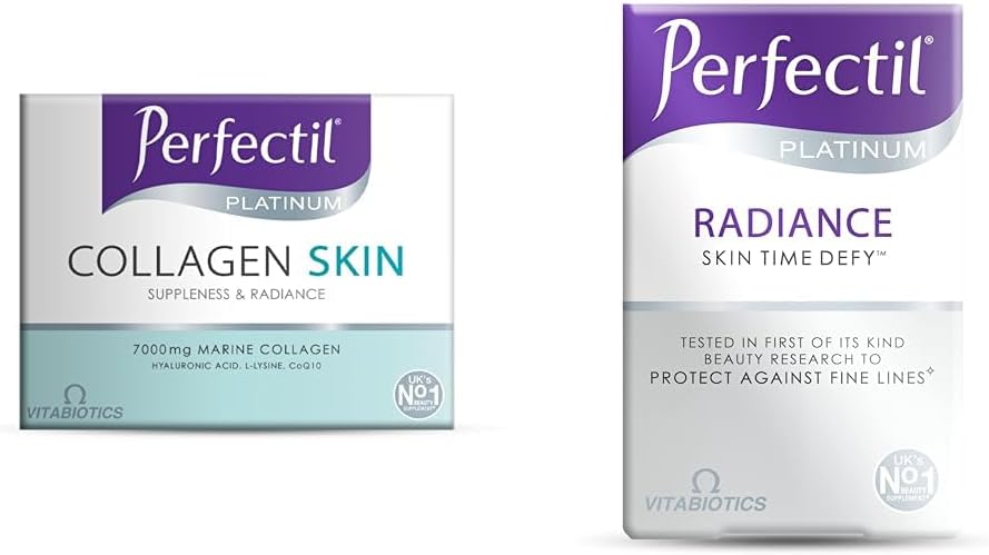Bundle of Perfectil Platinum Collagen Drink Supplement for Women Skin - 10 x 50 ml vials  Perfectil Platinum Skin Radiance Tablets with Time-Defy Complex, by Vitabiotics