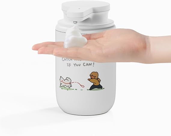 mooas Happy Buddy Artist Edition Soap Dispenser White(Catch me if You can!) | 2-Level Adjustable, IPX5 Waterproof, USB-C Charging, 10.1oz Capacity, Foaming Soap, Automatic Cleaning, Kitchen, Bathroom