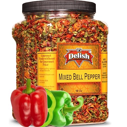 Dehydrated Dried Red and Green Bell Peppers Mix by Its Delish, Jumbo Reusable Container 16 Oz 1 lb | Bulk Mixed Bell Pepper Flakes Chopped & Dried Vegetable Spice Seasoning | Vegan, Kosher