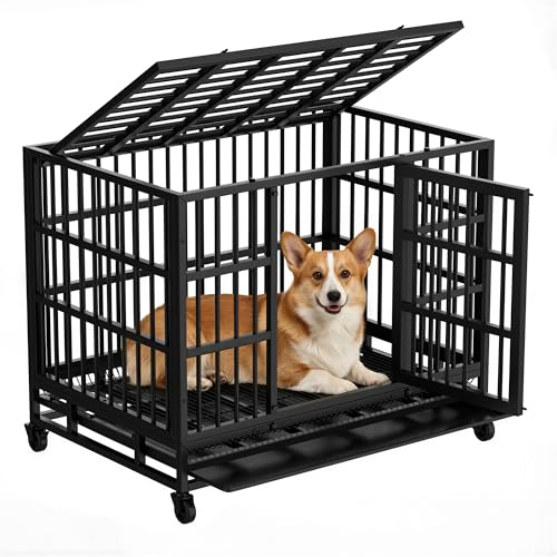 Shintenchi 38 inch Heavy Duty Crates for Large Dog, Indestructible and Escape-Proof Cage Kennel with Lockable Wheels, Double Door High Anxiety with Removable Tray, Black