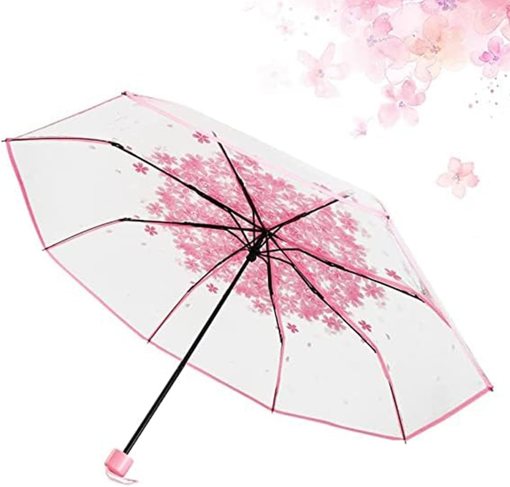 JO DE BEbe Three Fold Umbrella Women Transparent Clear Cherry Blossom Mushroom Sakura Folding Sunshade Rain Umbrellas