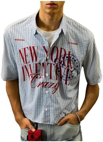 GORGLITTER Men's Striped Button Down Up Cropped T Shirt Short Sleeve Letter Summer Vacation Shirts Boxy Tees Streetwear