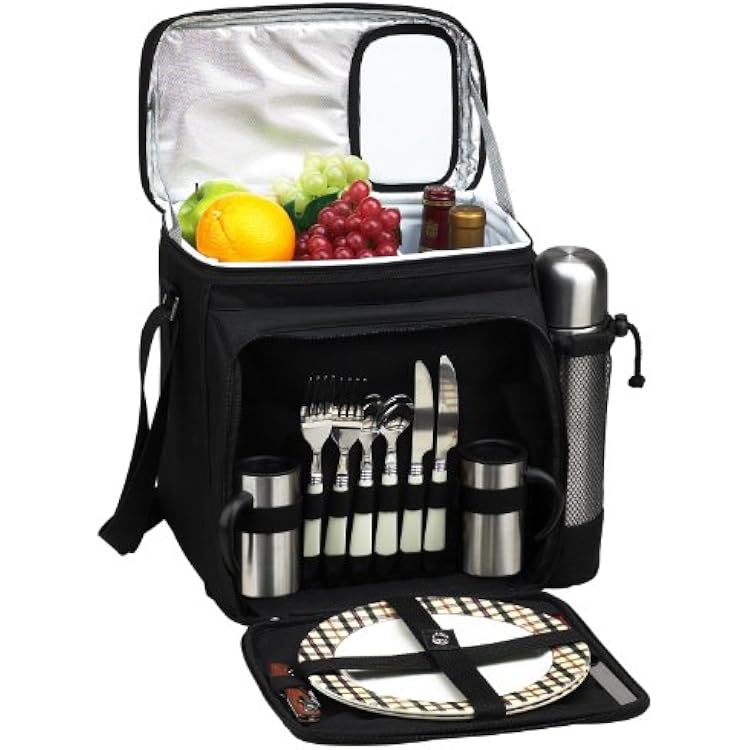 Picnic at Ascot Insulated Picnic BasketCooler Fully Equipped for 2 with Coffee Service - Black