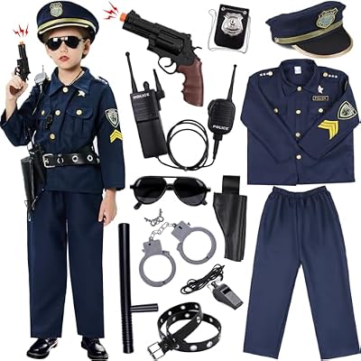 Golray Police Officer Costume for Kids - 12PCS Cop Uniform Outfit Role Play With Accessories, for Boys Girls 3-12 Years Old, Halloween Dress Up