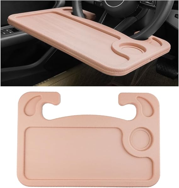 Car Steering Wheel Desk, Multifunctional Auto Seat Stand Trays for Eating and Working, Double Sided Design Steering Wheel Table Desk for Laptop, Food, Car Accessories (Beige)