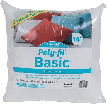 Fairfield Poly-Fil Basic, Personalizable Pillow Inserts, Pillow Inserts for Decorative Pillows, Travel Pillows, and Home Decor, 14" X 14", Pack of 2